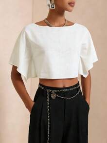 SHEIN Veneréa 女士夏季圆领短袖衬衫 - 白色 - 查看 3