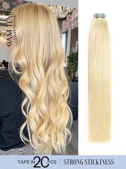 20pcs Straight Tape In 100% Human Hair Extension For Salon Silky Seamless Invisible Golden Blonde 613 Color For Thin Hair Woman Top Quality Highlight Color Hair Extensions Longlasting Hair Flower Hair Clip