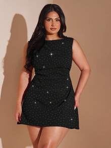SHEIN BAE Đầm ngắn xếp ly cỡ lớn đính đá lấp lánh dành cho nữ, kiểu dáng thanh lịch, thích hợp cho kỳ nghỉ biển mùa xuân/hè, ngày Valentine, trang phục Valentine cho nữ. - màu đen - Xem 3