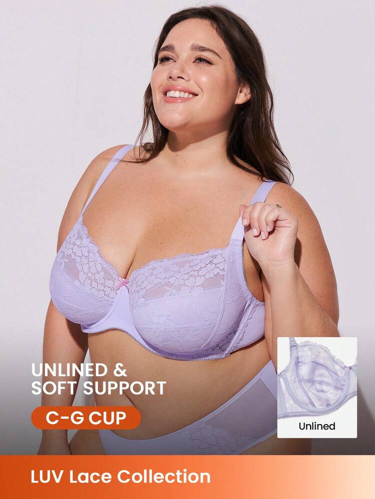Lingerie de Cobertura Total Plus Size Lounge, Suporte Curvilíneo e Respirável, Sutiã Elegante de Renda Sem Bojo Minimizador Sexy em Roxo, Intimates Nupciais