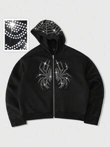 ROMWE MEN Street Life Men's Rhinestone Spider Embellished Streetwear Style Hoodie Sweatshirt, Autumn/Winter - Black - View 5