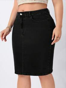 EMERY ROSE 大码休闲度假纯色牛仔迷你裙 - 黑色 - 查看 4