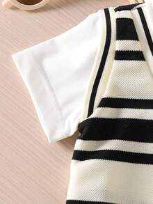 2pcs/Set Infant Toddler Baby Boy Striped Knit Vest & White Short Sleeve Polo Shirt With Bear Patch, And Bear Patch Black Shorts, Casual College Style Short Sleeve Shorts Set, Suitable For Daily Wear, Spring/Summer, 6M-3T Black And White Baby Boy Outfit Baby Boy Summer Sets Bear Patch Outfit Baby Boy Casual Outfit - Apricot - View 6