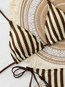 Swim Vcay 3pcs/Set Bohemian Style Crochet Fabric Drawstring Swimwear Cover Up Bikini Set - Coffee Brown - View 3