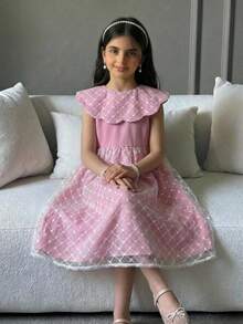 SHEIN Tween Girl Elegant & Cute Pink Peter Pan Collar Double-Layer Tulle A-Line Long Dress - Pink - View 1
