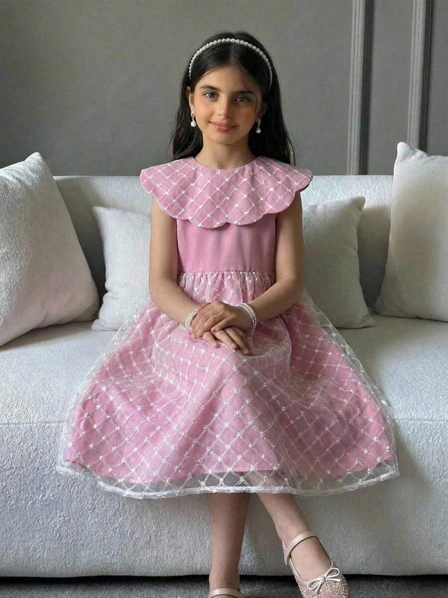 SHEIN Tween Girl Elegant & Cute Pink Peter Pan Collar Double-Layer Tulle A-Line Long Dress - Pink - View 1