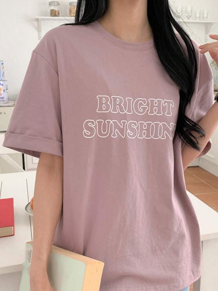 Women's Loose Casual Vacation Letter Print Faux Two-Piece Round Neck T-Shirt, Spring/Summer Graphic Tees Women