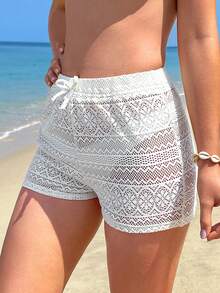 SHEIN 少女實色針織提花波浪邊中空休閒短褲