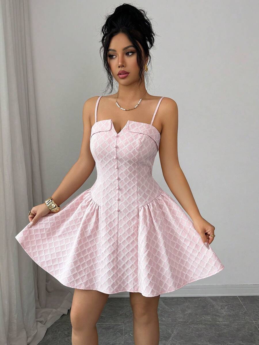 Elenzga Sleeveless Textured Plaid Button Puff Princess Dress, Waist Cinching Design, Elegant & Sweet, Romantic Vacation Sexy Mini A-Line Dress, Sleeveless, Pink - Baby Pink - View 1