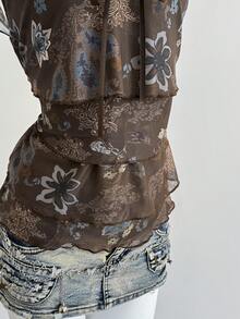 Sweetra Áo thun cổ nơ phong cách Y2K gợi cảm, chất liệu lưới co giãn, phối ren, họa tiết paisley nhiều lớp, thích hợp cho kỳ nghỉ, hẹn hò, tụ họp đường phố, lễ hội âm nhạc, mùa xuân/hè/thu. - Nhiều màu - Xem 4