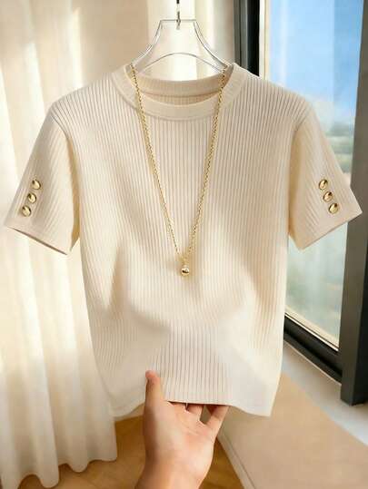 Resyla Fashionable Minimalist Round Neck Short Sleeve Decorative Button Ribbed Women T-Shirt Ribbed Top Knit Top Women White Knit Top Cream Tops For Women Summer Tops Women Knit Tops Solid Color Tops Short Tops Aethetic Tops Knit Top For Women Short Sleeve Tops Ribbed Knit Top
