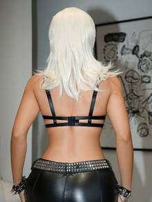 Sexy Patent Leather Spaghetti Strap Bra For Women - Black - View 2