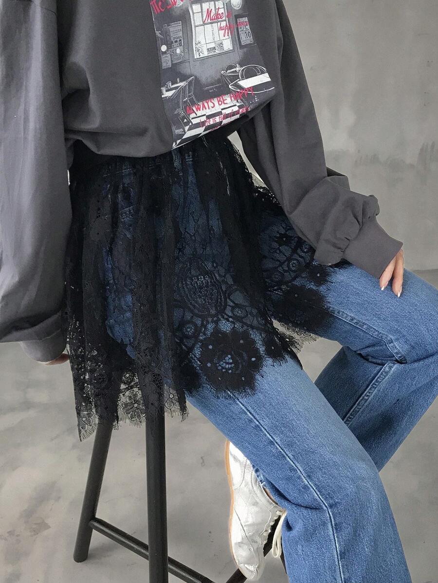 FRIFUL 女士纯色蕾丝性感迷你裙 - 黑色 - 查看 1