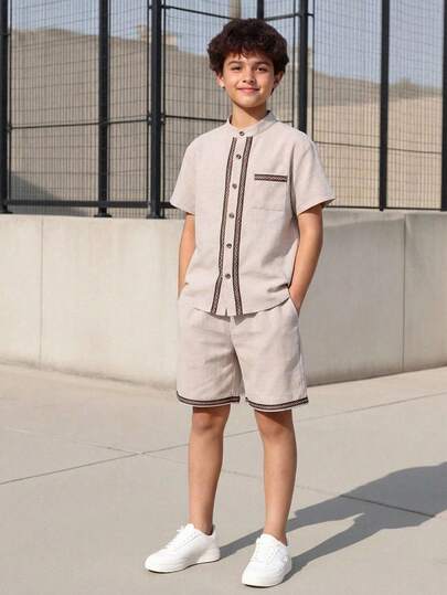 SHEIN 2pcs Tween Boys' Casual Korean Style Round Neck Colorblock Print Short Sleeve Shirt And Loose Straight Pants Set, Suitable For School, Garden, Beach, Birthday, Spring/Summer