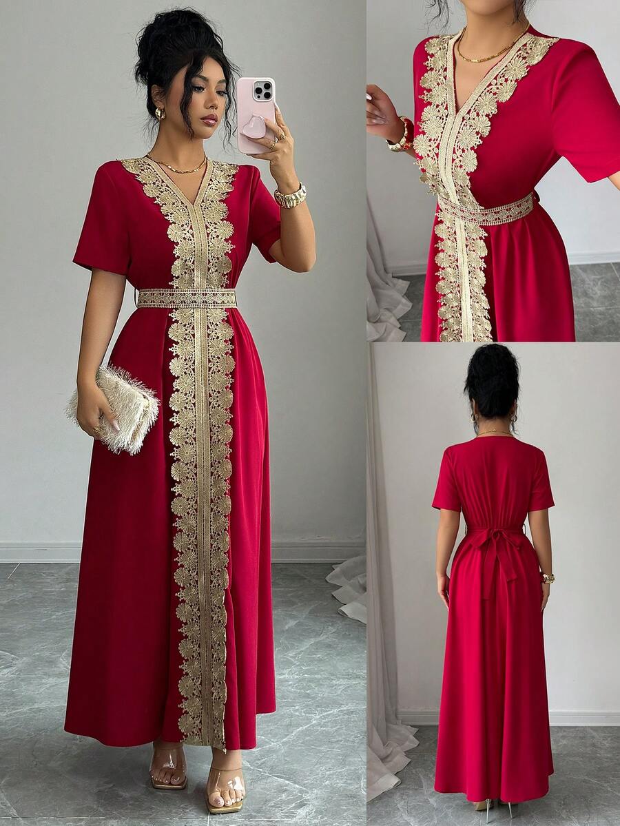 Islaluna 女士优雅奢华金色丝带V领收腰短袖红色长连衣裙，春夏款 - 紅色 - 查看 1