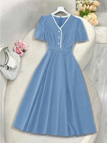 GlowEve 女士藏蓝色条纹V领仿珍珠装饰优雅短袖连衣裙 - 藍色 - 查看 1