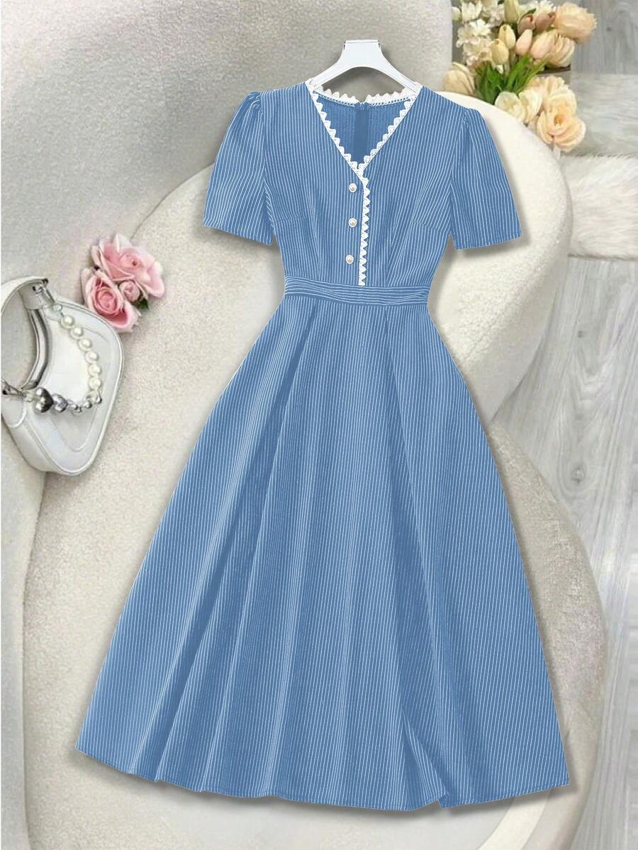 GlowEve 女士藏蓝色条纹V领仿珍珠装饰优雅短袖连衣裙 - 藍色 - 查看 1