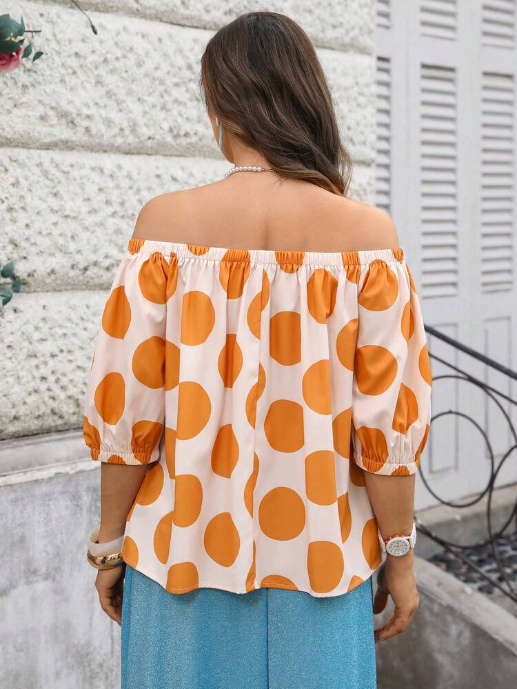 Plus Size Color Block Polka Dot Print Off-Shoulder Blouse For Summer/ Vacation Orange Off Shoulder Top Summer For Women Carnival Costume For Women Beach Holidays Going Out Top