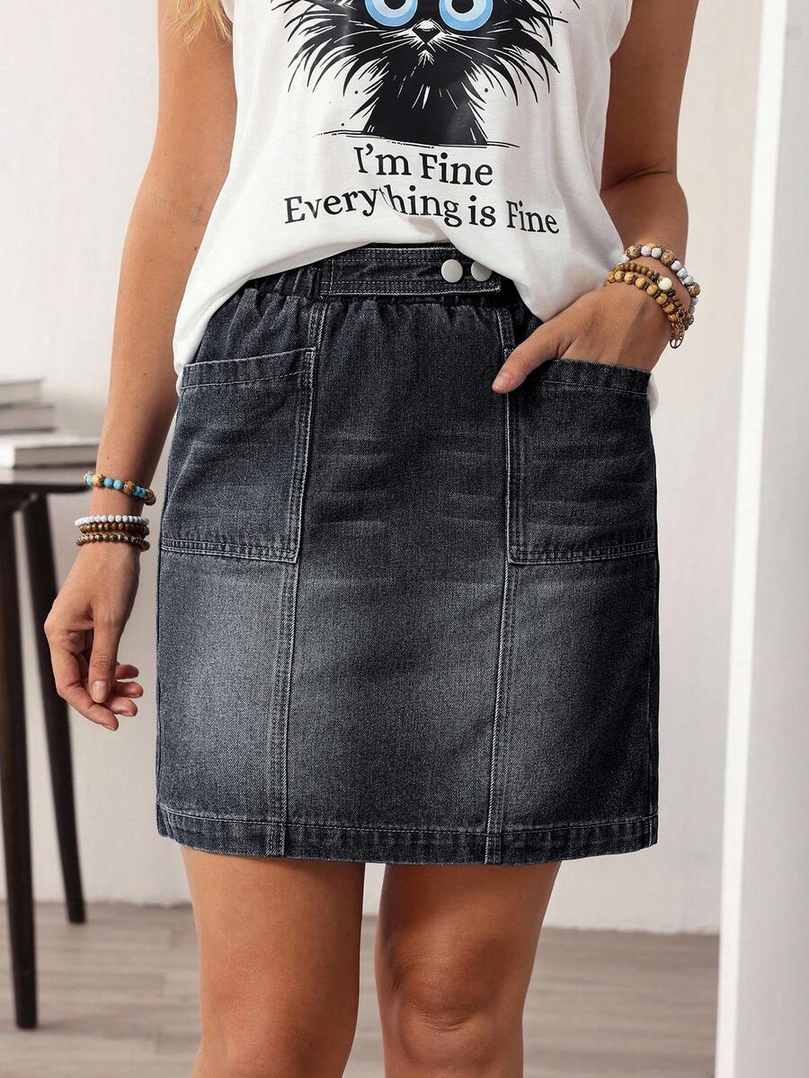 EMERY ROSE Plus Size Women Pocket Straight Casual Versatile Denim Mini Skirt - Grey - View 1