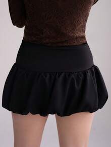 Andrea Bello 女士純色高腰荷葉邊迷你裙 - 黑色 - 查看 3