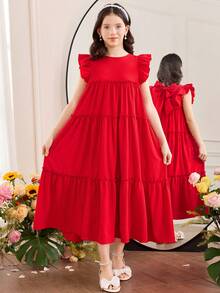 SHEIN Vestido ajustado con cuello redondo y dobladillo con volantes de unicolor para niña preadolescente - Rojo - Ver 3