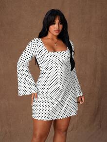 Rustia Damen Große Größen Neues schwarzes Polka Punkt Muster Glockenärmel Bodycon Mini Kleid mit Gürtel und rückenfreiem Design, romantisches Kleid, Party Outfit, elegant, schwarz chic, modisch Herbst/Winter, Gothic Stil - Weiss - Übersicht 3