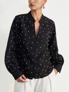 Aveloria Modichic Women's Casual Loose Fit V-Neck Beaded Design Long Sleeve Blouse, Comfortable For Commuting - Black - View 3
