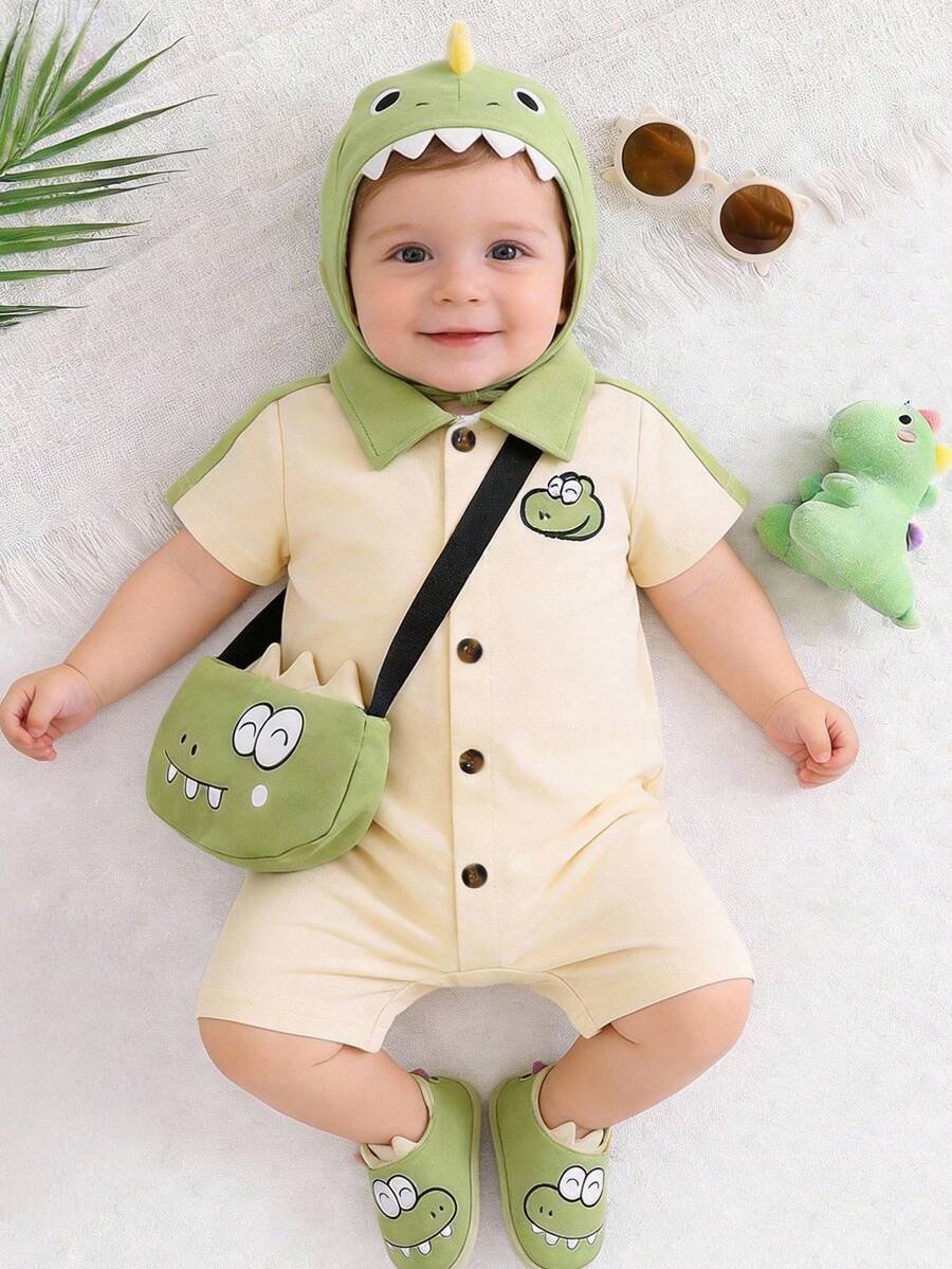 2件套男婴可爱刺绣恐龙短袖polo领绿色拼接杏色连体衣短裤及斜挎包套装，春夏款，婴幼儿服装，适合6个月至3岁宝宝。