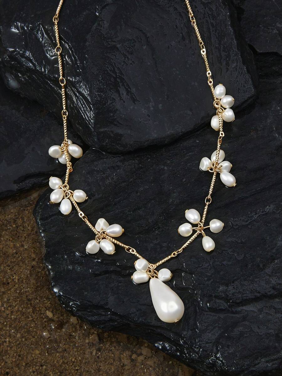 Opalesca 1 chiếc mặt dây chuyền hình chùm nho bất đối xứng bằng ngọc trai giả tự nhiên, ngọc trai/pha lê, mạ vàng 18K, thích hợp cho mùa hè/bãi biển/lễ hội/tiệc tùng/kỳ nghỉ/du lịch, lễ đính hôn/đám cưới/lời hứa, dành cho mẹ/phụ nữ/bé gái/người mẹ. - Vàng - Xem 1