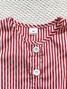 Genkimix Kids 2件套女童（小号）红白条纹无袖纽扣上衣配蝴蝶结和直筒裤，时尚休闲夏季少女套装 - 紅色 - 查看 7