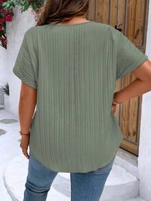EMERY ROSE Plus Size Women's Solid Color Simple Daily Short Sleeve Shirt For New Year Clothes - Army Green - View 2
