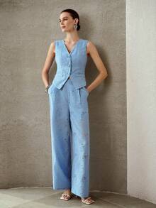 MOTF PREMIUM 时尚优雅定制V领无袖修身上衣和裤子两件套女装，春夏款 - 淺藍色 - 查看 6