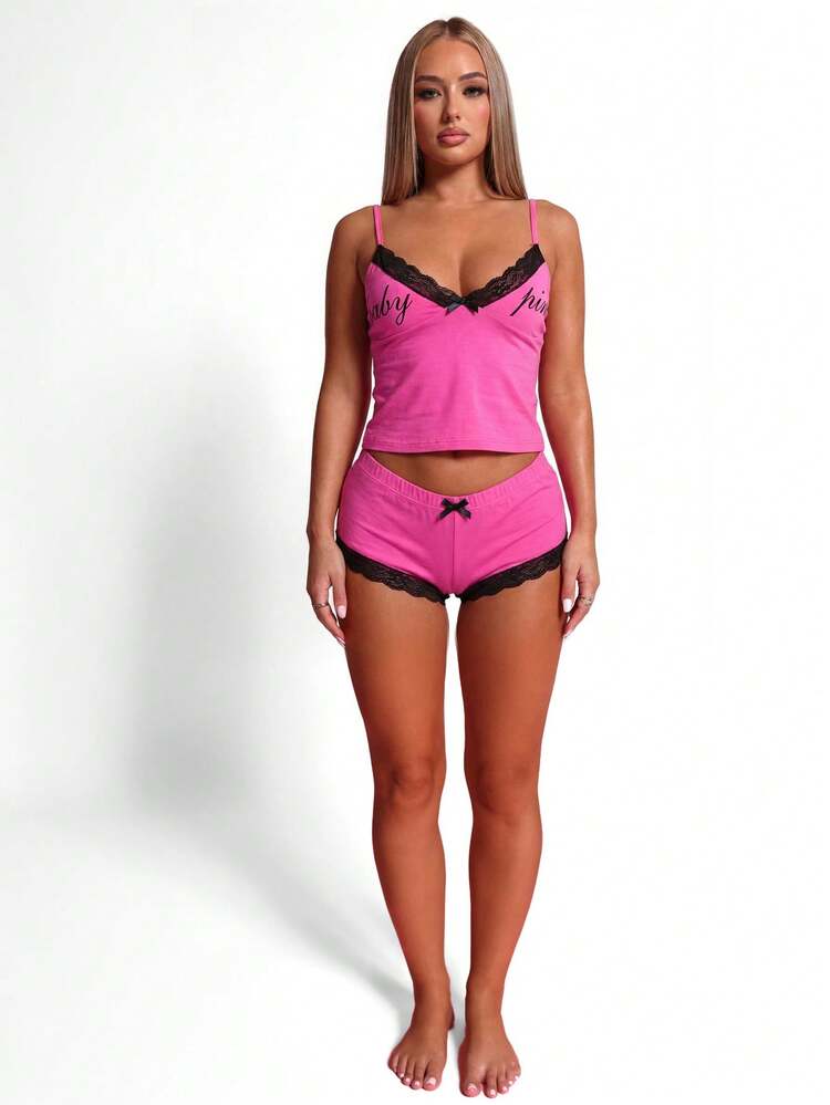 BABYPHAT Lace Trim Camisole Top For Women - Lounge Sleepwear Intimate Apparel With Adjustable Straps And Decorative Bow Details