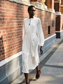 Lumivelle 女士春夏时尚长袖荷叶领收腰波点连衣裙 - 白色 - 查看 7