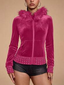 ROMWE Grunge Punk SpringValentine's DayY2K Style Velvet Zip-Up Sweatshirt With Rhinestone Decor, Fitted For Women - Pink - View 4