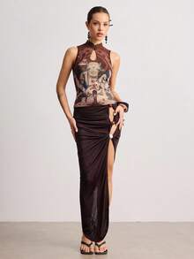 Grunge Punk 复古中国风佛像印花紧身女式背心 - 咖啡棕 - 查看 7