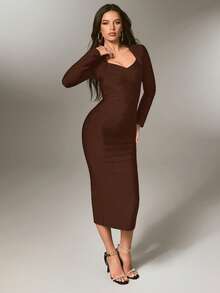 Nuvra Women's Romantic Vacation Curve-Flattering Long Sleeve Bodycon Slit Waist Fitted Bandage Knit Dress - Brown - View 6