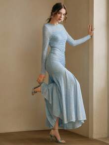 Anewsta 优雅春季女士长袖蕾丝连衣裙，褶皱鱼尾裙，长袖，圆领，新年、圣诞节、情人节 - 藍色 - 查看 1