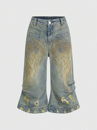 Grunge Punk Shorts vaqueros de tiro bajo para mujer con alas de ángel bordadas, fruncidos y desgastados en estilo vintage Y2K