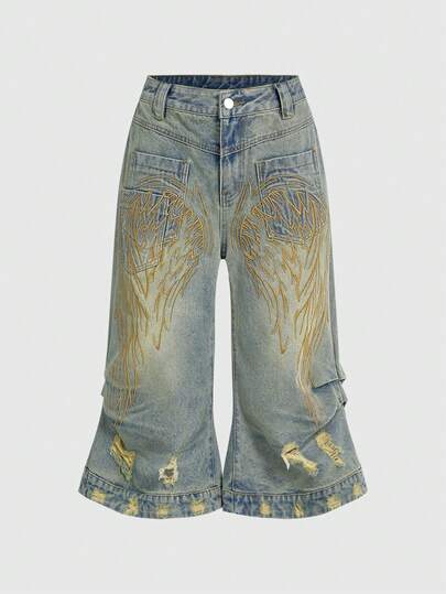 Grunge Punk Y2K Vintage Sexy Angel Wings Embroidered Ruched Distressed Low Waist Women Denim Shorts