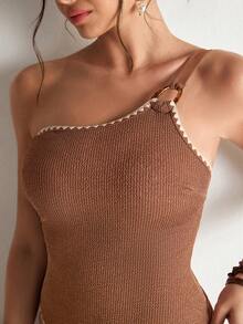 Freevana Bohemian Vintage One-Shoulder Swimsuit, Olive Green One-Piece With Contrast Trim, Fashionable Pool Style, New Women's One-Piece Swimwear - Olive Green - View 6