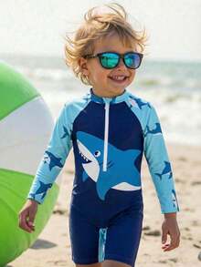 Young Boy Casual Slim Fit Shark Print Round Neck Long Sleeve One-Piece Swimsuit, Suitable For Summer