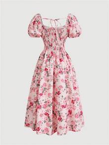 SHEIN CURVE+ 大码女式夏季花卉印花泡泡袖甜心领口茶会连衣裙