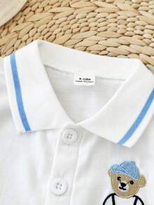 Playful Pals Bộ 2 món cho bé trai, gồm áo polo thêu họa tiết và quần short kẻ sọc, thích hợp mặc hàng ngày vào mùa xuân/hè, đi chơi thể thao và đến trường. - Màu xanh lam - Xem 5