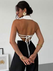 Firerie Xuân/Hè Mới Thanh lịch Thường ngày Cổ điển Hiện đại Cổ áo không đều Không tay Halter Hở lưng Nơ Trang trí Ôm sát Áo cánh đi làm màu đen - trắng - Xem 5
