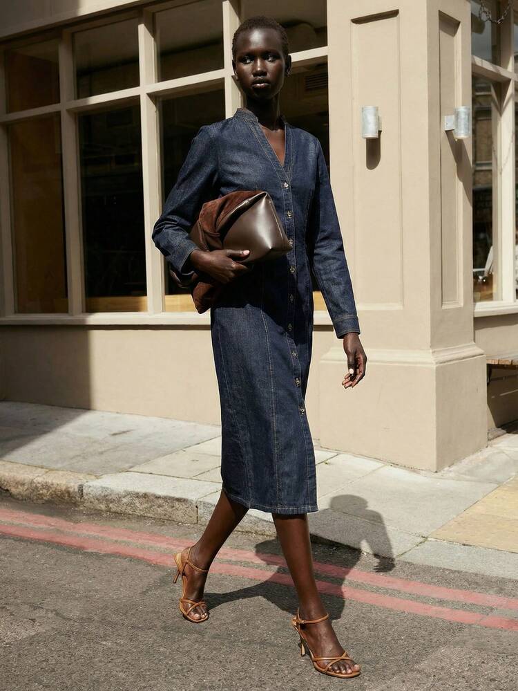 SHEIN Maija Robe en jean ajustée à manches longues et boutonnage simple pour femmes