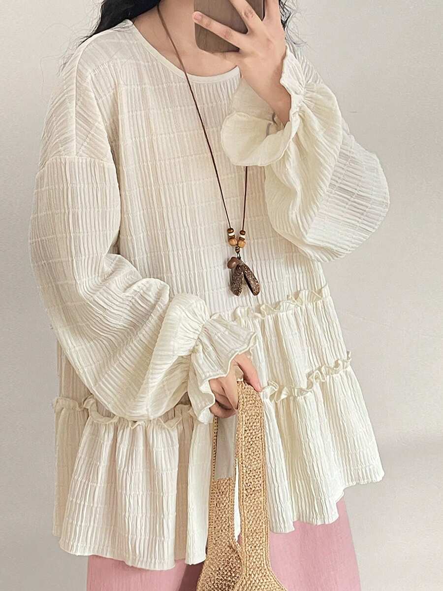 FRIFUL Women's Solid Color Round Neck Long Sleeve Textured Fabric Cuff Gathered Loose Casual Versatile T-Shirt - Apricot - View 1