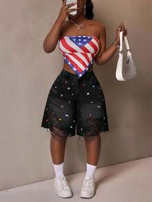 Slaydiva Women's Rhinestone Decor Pocket Distressed Frayed Hem Loose Denim Shorts - Black - View 6