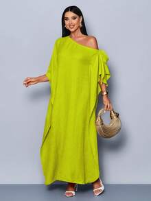 SOLERSUN 春夏女士优雅通勤性感斜肩蝴蝶结海边假日派对长袍质感面料杏色长裙 - 綠色 - 查看 6