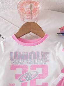 SHEIN Babygirl Cute Pink Letter Graphic Short Sleeve T-Shirt & Elastic Waist Pants Set, Summer - Multicolor - View 4